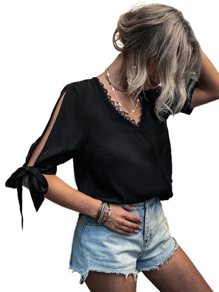 

guipure lace detail slit sleeve tie cuff blouse 06c8#, White