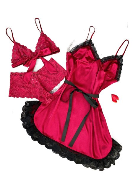 

knot front lace lingerie & self belted satin nightdress pj set f6tf#, Black;red