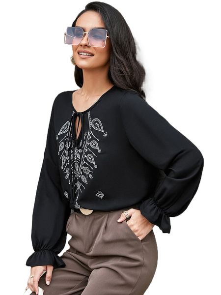 

paisley print tie neck flounce sleeve blouse v0vl#, White