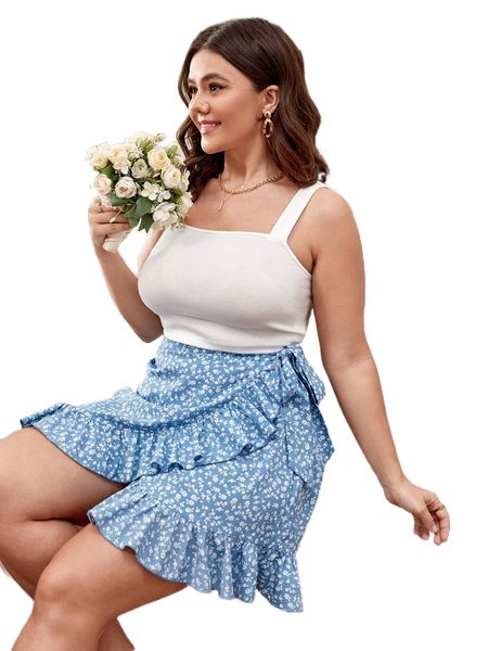 

plus crop cami & ditsy floral wrap knot skirt a1iw#, Black