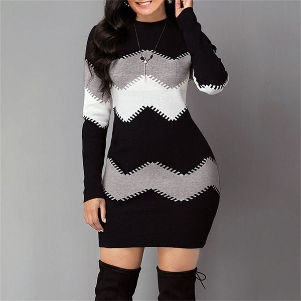 

umeko autumn and winter long striped long-sleeved sweater long multi-color slim-fit sweater fashion knitted long multi-color 201224, White;black