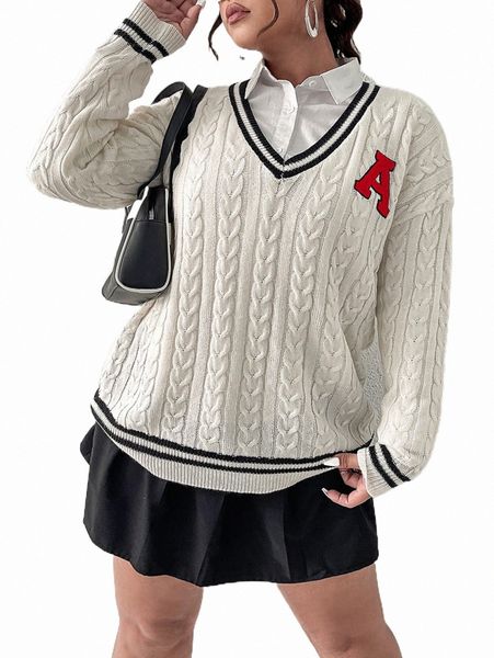 

plus 1pc letter patched striped trim drop shoulder cricket sweater y0zv#, Black