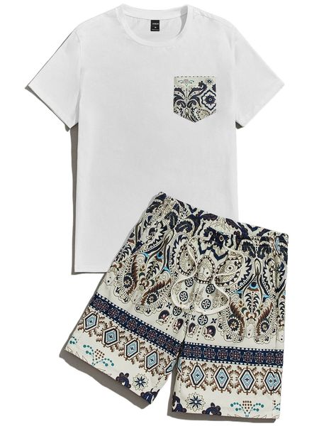 

men paisley print patched pocket tee & drawstring waist shorts s8qr#, Gray