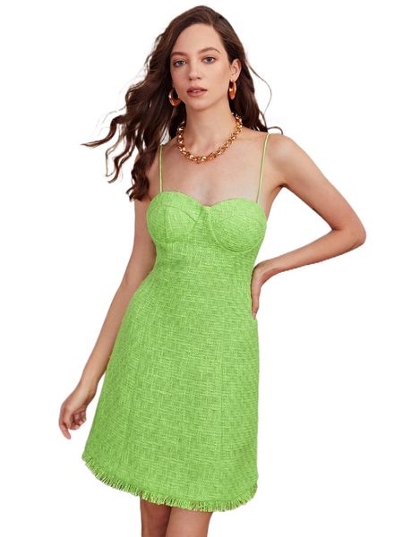 

raw hem tweed cami dress u84c#, Black;gray