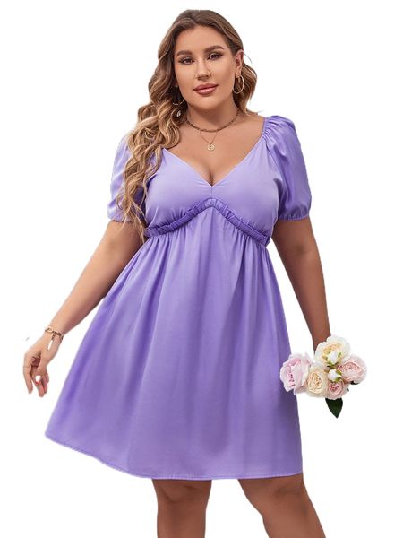 

plus puff sleeve frill trim a-line dress p8zv#, Black