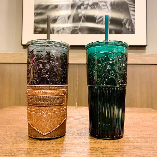 

starbucks 550ml large capacity glass straw cup dark green goddess deskcup father's day black classic water cup