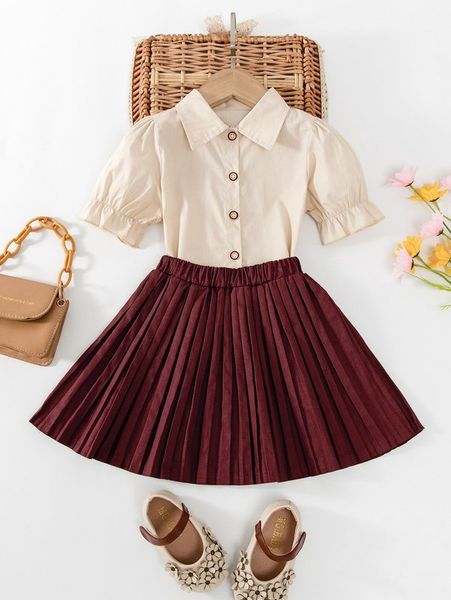 

little girl's bubble sleeve shirt and pleated skirt she, White