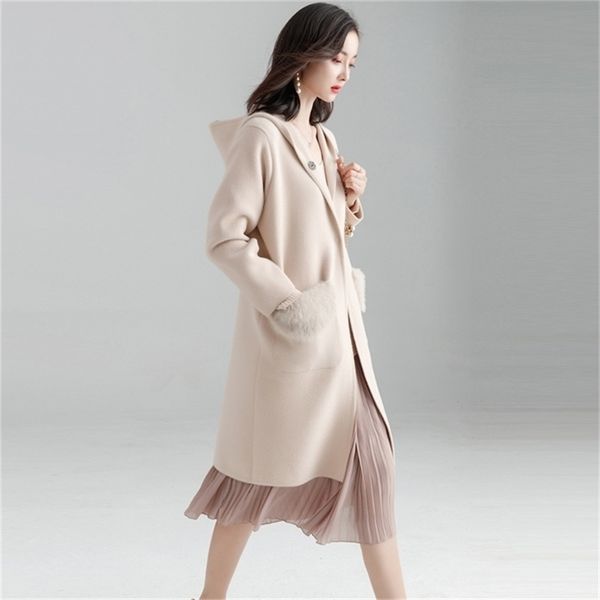 

fishion office lady hooded long woolen winter coats women covered button wool coat and jacket loose pockets solid ladies coats 201215, Black