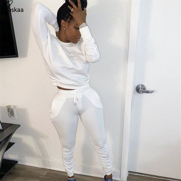 

joskaa casual solid long sleeve pullover crop and fitness long trousers stacked pockets bottom simple streetwear plus size lj201117, White