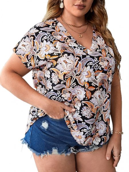 

plus floral print batwing sleeve blouse z3cp#, Black