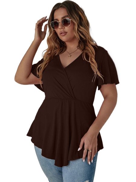 

plus flutter sleeve overlap collar peplum hem tee a5w4#, Black