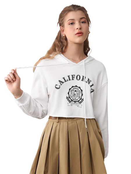 

mod letter & graphic print drop shoulder drawstring hoodie i2vt#, Black