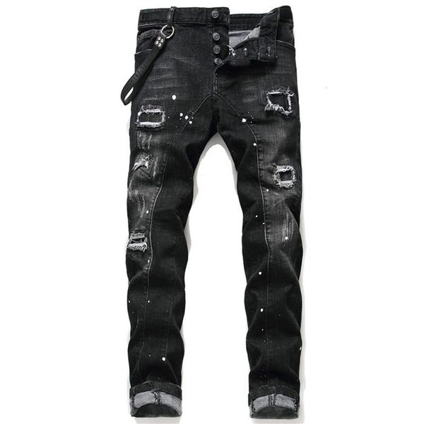 

unique mens distressed ripped blue skinny jeans fashion designer slim fit washed motocycle denim pants panelled hip hop biker trou298j