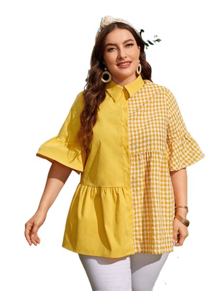 

plus 1 pc colorblock gingham flounce sleeve ruffle hem blouse p9tf#, Black