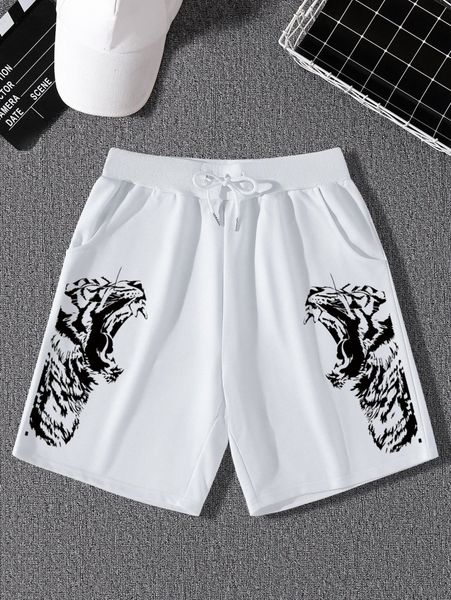 

men tiger print drawstring waist shorts g37m#, White;black