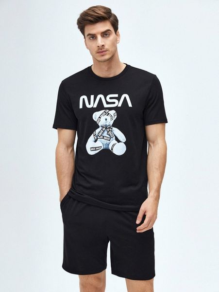 

men bear & letter graphic tee & drawstring waist shorts e1sh#, Gray