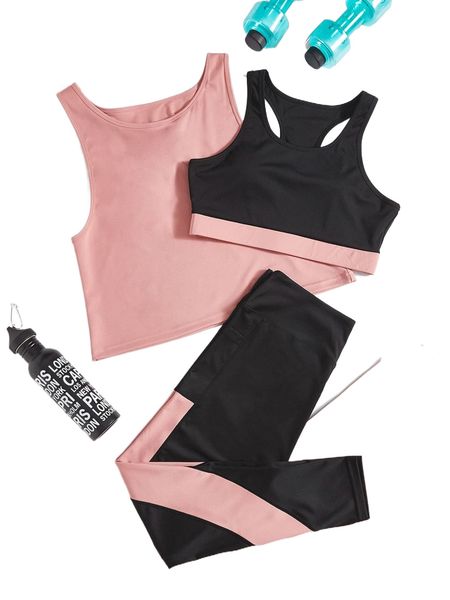

plus twist back tank & colorblock bra & leggings sports set p8tq#, Black