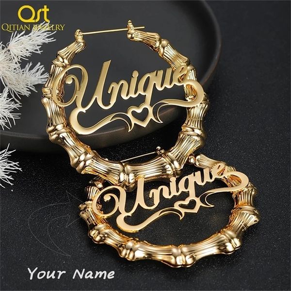 

qitian 30mm 100mm custom bamboo hoop earring stainless steel s style personality name drop hiphop 220817, Golden