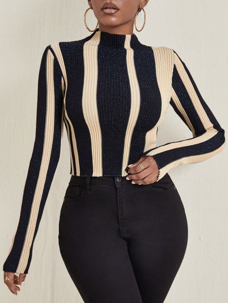 

sxy mock neck striped pattern sweater n4sh#, White;black