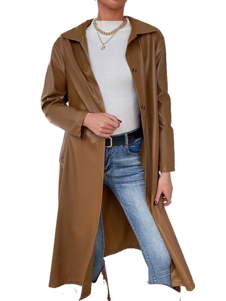 

slant pockets single breasted belted pu coat f0is#, Black