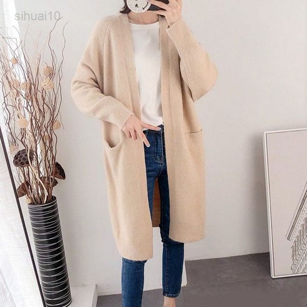 

elegante gebreide vest koreaanse fashion truien lange mouwen pocket casual vrouwelijke warme losse outerwears solid coat knitwear l220725, White