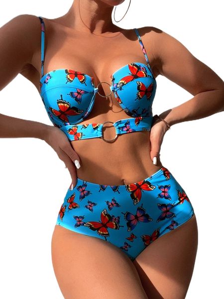 

butterfly print ring linked push up bikini swimsuit i0tz#, White;black