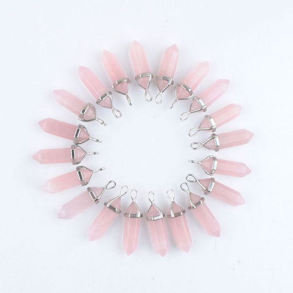 

natural stone rose quartzÂ pendant hexagonal prism point reiki chakra bullet shape beads for necklaces earrings women man jewelry making dn30, Silver