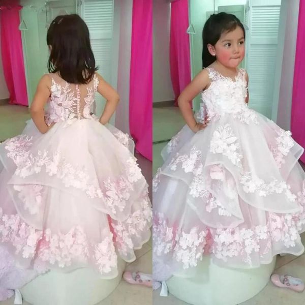 Mädchenkleider Rosa Blumenmädchen für die Hochzeit Spitze 3D-Blumenapplikationen Festzugskleider für kleine Mädchen Gestufte Röcke Vestidos De DesfileGirl's