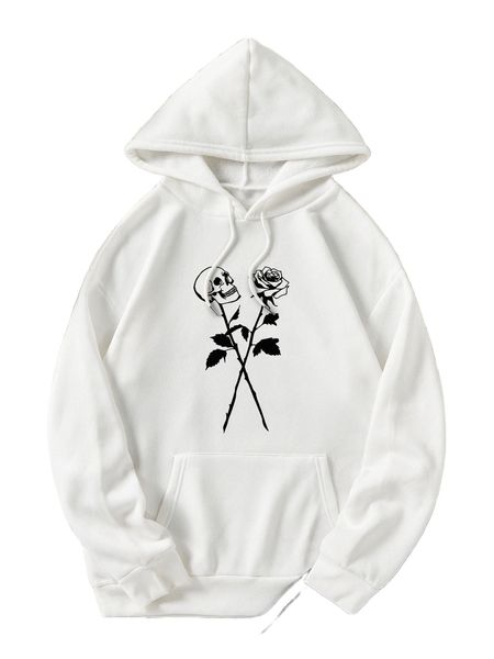 

skull & floral print kangaroo pocket drawstring thermal hoodie i8d7#, Black