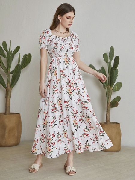 

floral square neck shirred a-line dress l8ha#, Black;gray