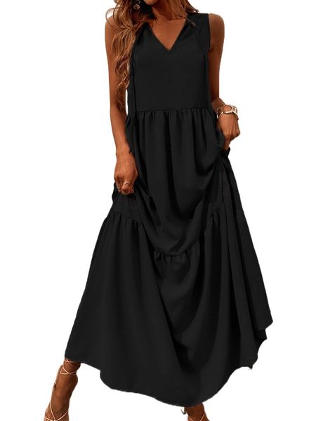 

tie front ruffle hem maxi dress r9pj#, Black;gray