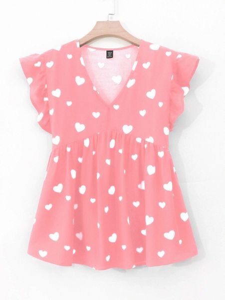 

plus heart print ruffle trim blouse 56qp#, Black
