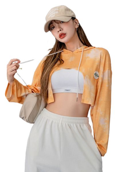 

dazy drop shoulder tie dye drawstring crop hoodie k4gr#, Black