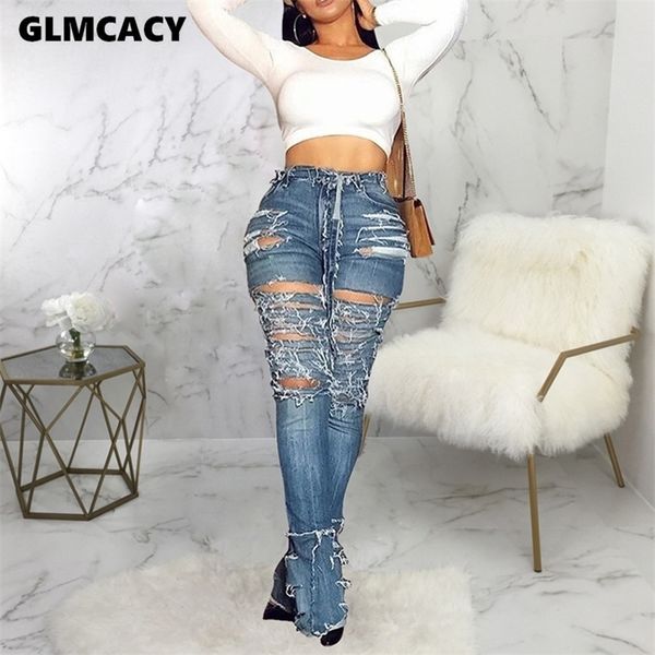 

women streetwear hole high waist destroyed flare pants autumn casual skinny ripped denim jean women trousers t200521, Black;white