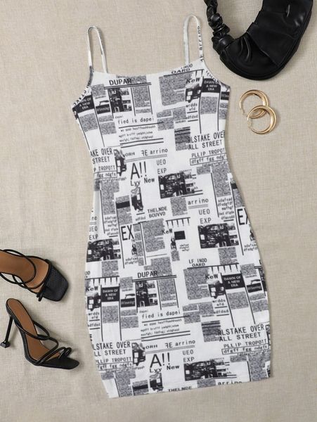 

plus newspaper print cami bodycon dress c1ux#, Black