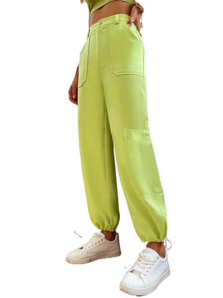

high waist pocket side drawstring hem cargo pants s3ue#, Black;white