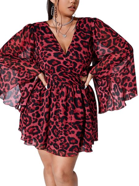 

plus leopard print bell sleeve cut out waist tie back dress s5er#, Black