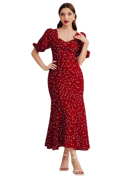 

sweetheart neck puff sleeve polka dot dress 16gy#, Black;gray