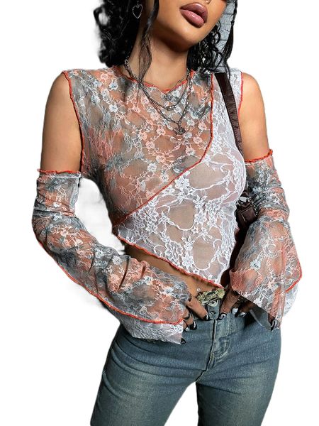 

tie dye stitching cold shoulder bandana hem crop lace b9sf#, White