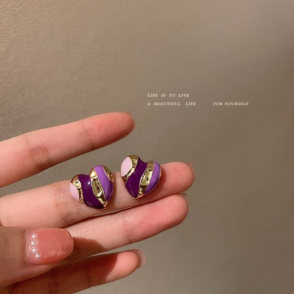 

925 silver needle drip glazed purple love heart stud earrings korean fashion stitching design earrings ins creative special interest earring, Golden