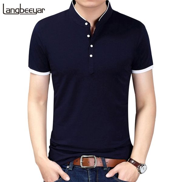 2020 verão nova marca de moda roupas camiseta homens cor sólida cor slim fit shorve shirt shirt Men mandarim colar casual t camisetas lj200827