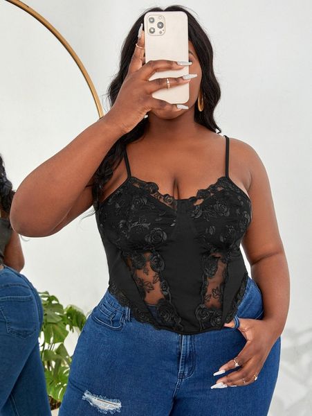 

sxy plus floral embroidery mesh bustier cami s2tp#, Black