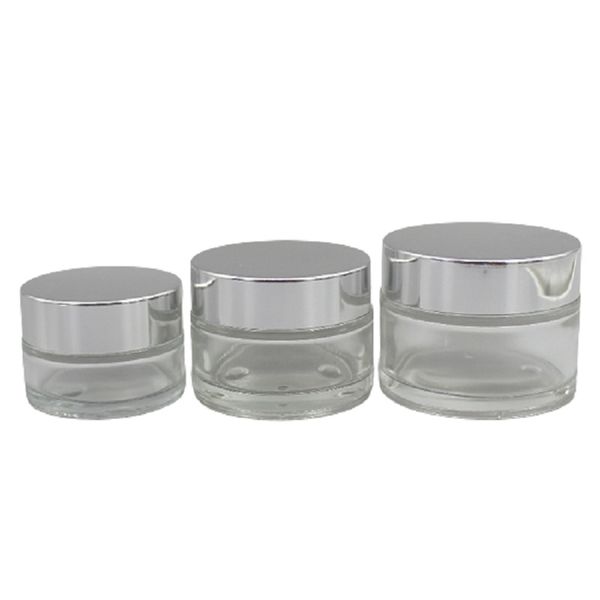 Verpackung: Leere Klarglas-Augencremeflasche, glänzender silberner Kunststoff-Schraubdeckel, PP-Disc-Liner, Kosmetikverpackung, Hautpflegecremetopf, Behälter, 20 g, 30 g, 50 g, nachfüllbare Gläser