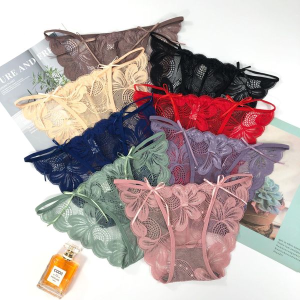 

french cotton underwear lace panties fashion hollow out flower t pants low waist seamless bow briefs female lingerie, Black;pink