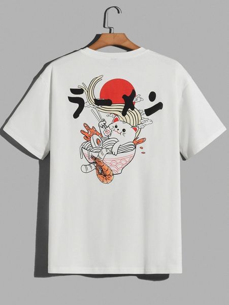 

men cartoon & japanese letter graphic tee 70es#, White;black