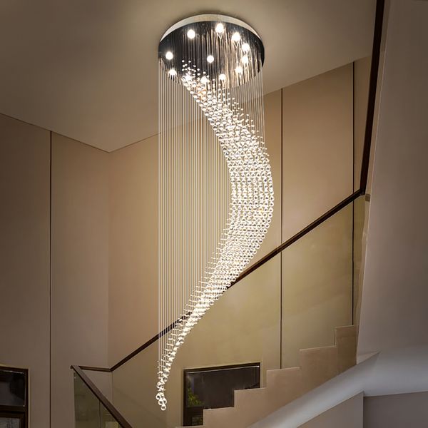 Lâmpadas pendentes modernas duplex escada espiral teto lustre iluminação lua lustre longa lustres de cristal villa salão lâmpada de linha pendurada