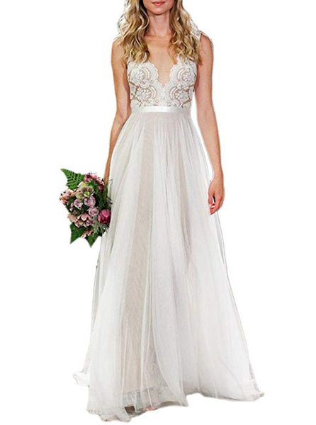 2022 neues Mesh Hochzeitskleid sexy Schleier Beach Weiß Gaze Großes Rückenkleid mit flachen Stil Kleidern Vestido de Novia