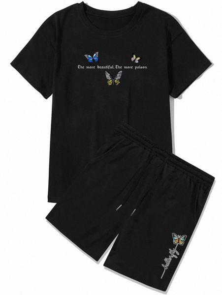 

romwe guys slogan & butterfly graphic tee & shorts p9pn#, Gray