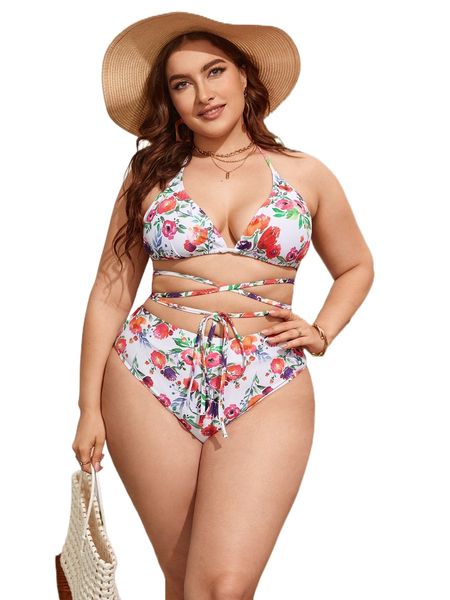 

plus floral print crisscross tie back halter bikini swimsuit z9a3#, White;black