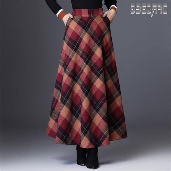 

new autumn elegant plaid women's elastic waist long woolen skirt with lining winter pockets female skirt casual wool skirt t200324, Black
